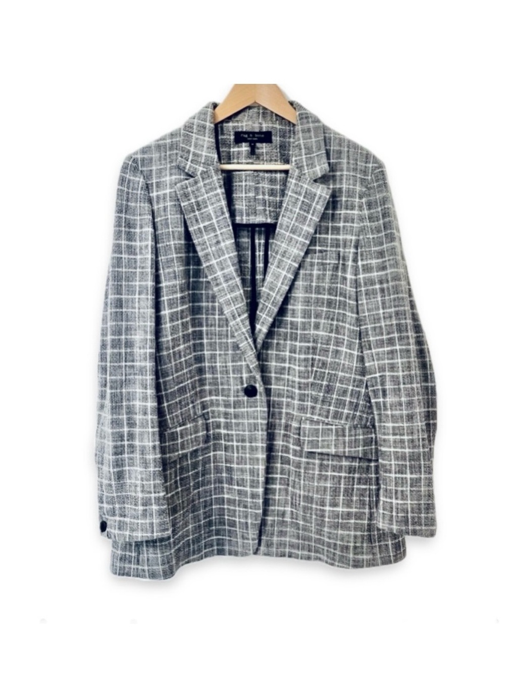 Rag & Bone Ames Blazer Jacket Textured Gray Checked Plaid Cotton Preppy Size 14